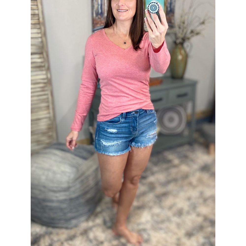 β€οΈβπ₯V-Neck Long Sleeve Basic Slimming Top Marbled Red 1222 - Picture 10 of 12